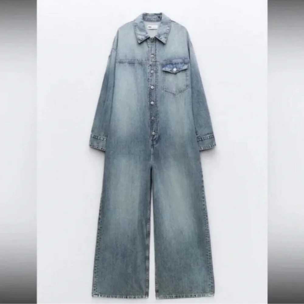 Zara Long Denim Jumpsuit TRF Denim Blue NWT - Picture 4 of 5